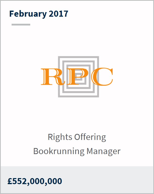 February 2017 RPC £552,000,000 rights offering  bookrunning manager