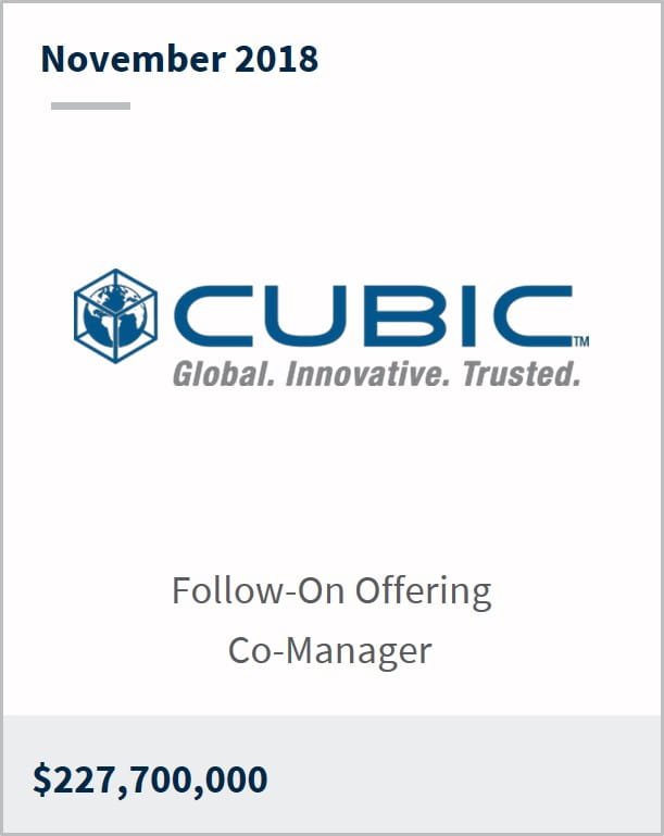 November 2018 Cubic $227,700,000 follow-on offering co-manager 