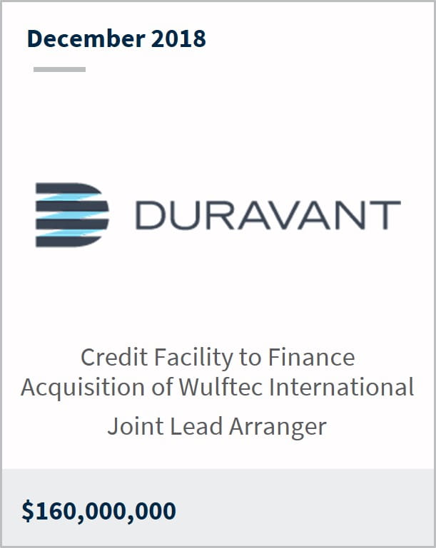 December 2018 Duravant $160,000,000 credit facility to finance acquisition of Wulftec International Joint lead arranger