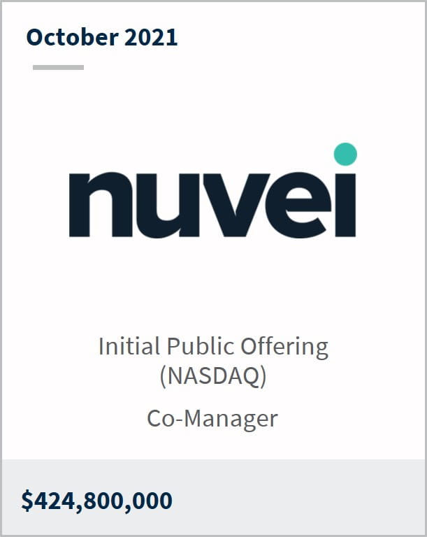 October 2021 Nuvei $424,800,000 initial public offering (NASDAQ) co-manager 