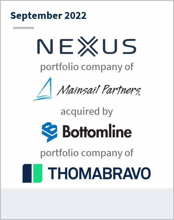 September 2022 Nexus Systems A portfolio company of Mainsail Partners Has been acquired by Bottomline A portfolio company of Thomabravo