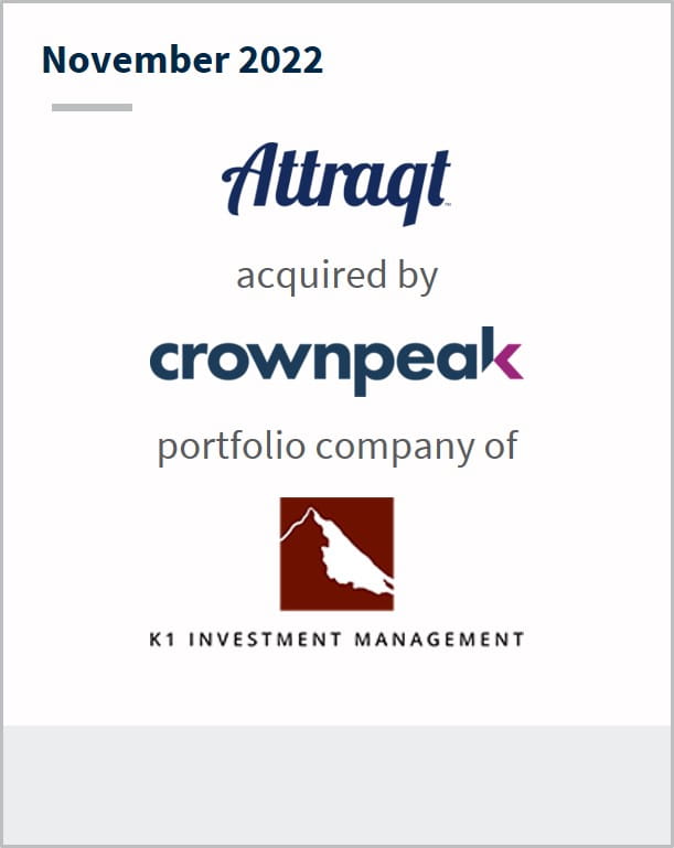 November 2022 Attraqt Has been acquired by crownpeak A portfolio company of K1 Investment Management