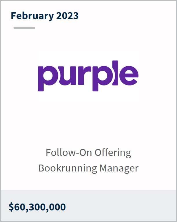 February 2023 Purple Innovation $60.3m Follow-On Offering Bookrunning Manager
