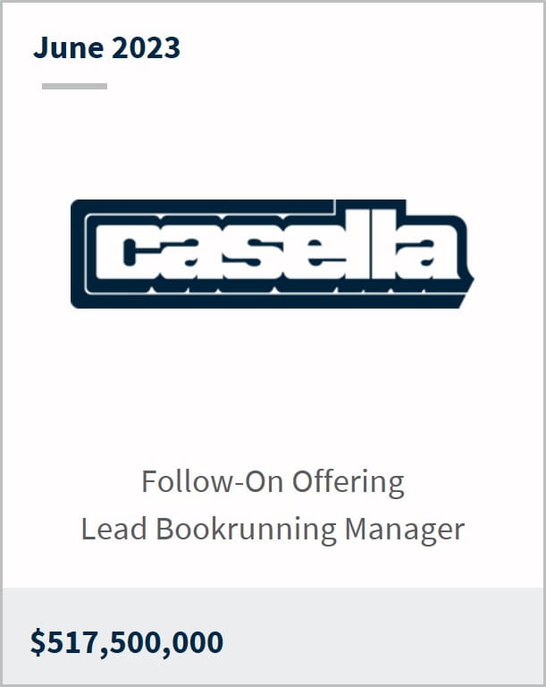 June 2023 Casella $517.5m Follow-On Offering Lead Bookrunning Manager