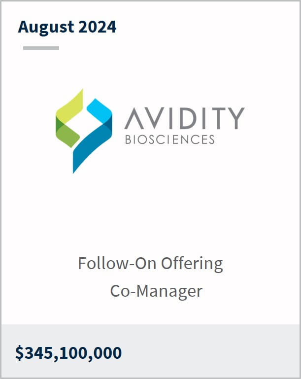 August 2024 Avidity Biosciences Follow-On Offering Co-Manager $345,100,000