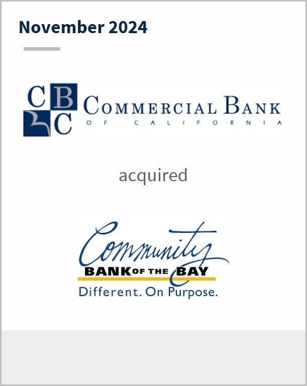 November 2024 CBC Bancorp acquired Community Bank of the Bay