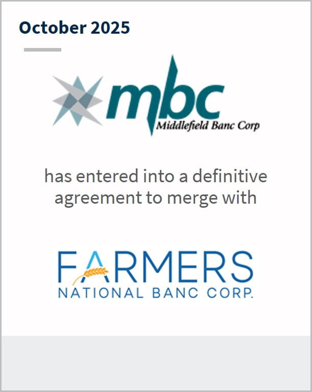 October 2025 MBC Middlefield Banc Corp has entered into a definitive agreement to merge with Farmers National Banc Corp.