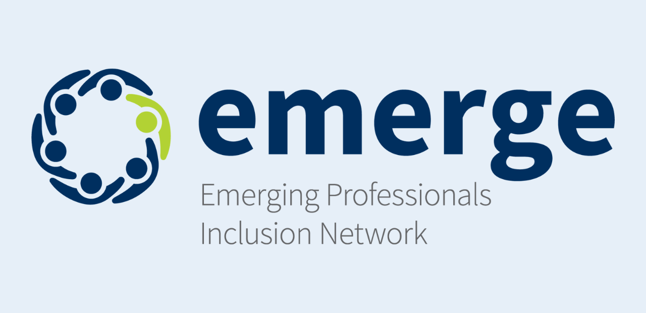 Navy Logo of Emerge Inclusion Network on light blue background